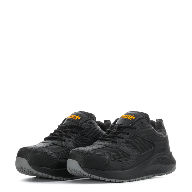 Pair of black lace-up work sneakers with padded collars and durable tread outsoles