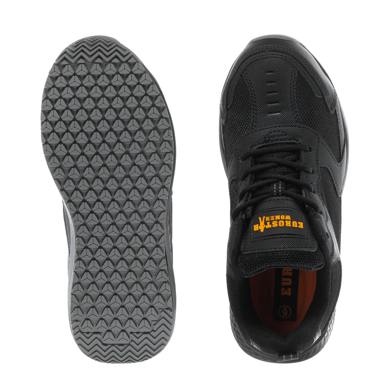 Black sneaker outsole and heel view with grippy tread and lace-up upper