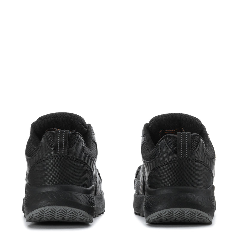 Black back view of lace-up work sneakers with padded collar and textured heel sole