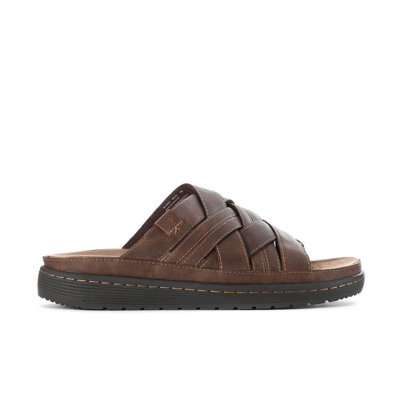 Dark brown men's slide sandals with logo patch strap and textured sole