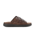 Dark brown men's slide sandals with logo patch strap and textured sole