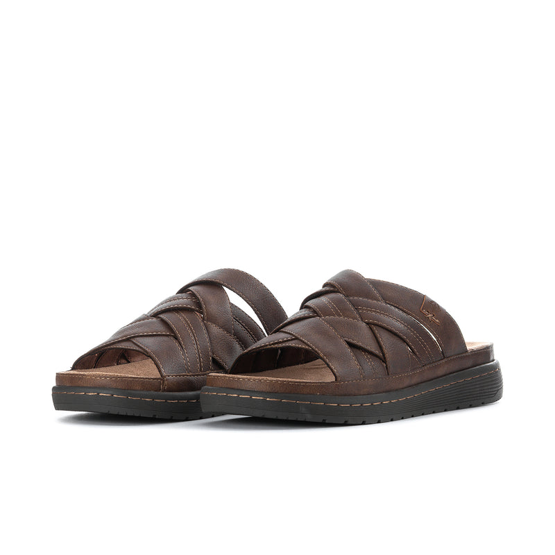 Dark brown men's leather slide sandals with quilted straps and rubber sole