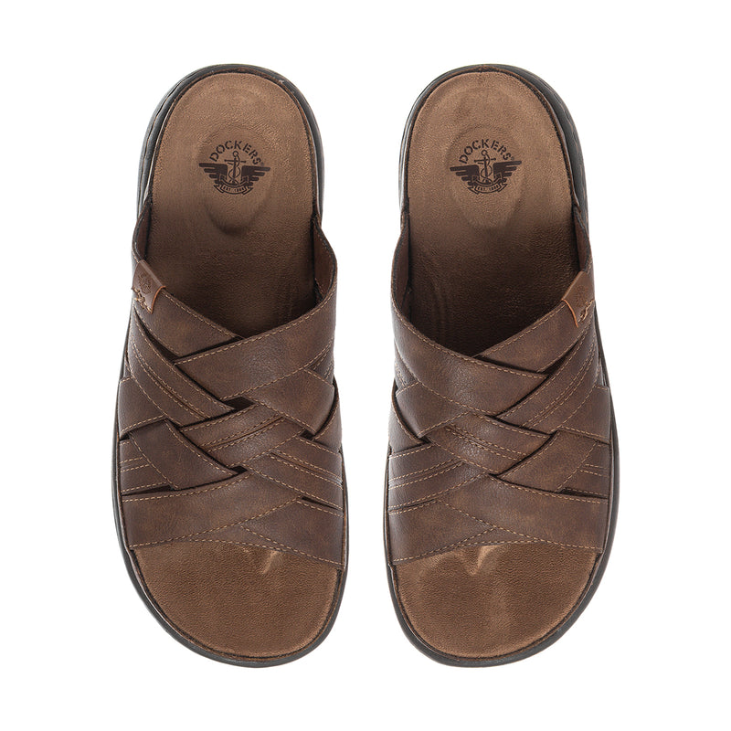 Dark brown men's slide sandals with Dockers logo footbed and cross straps