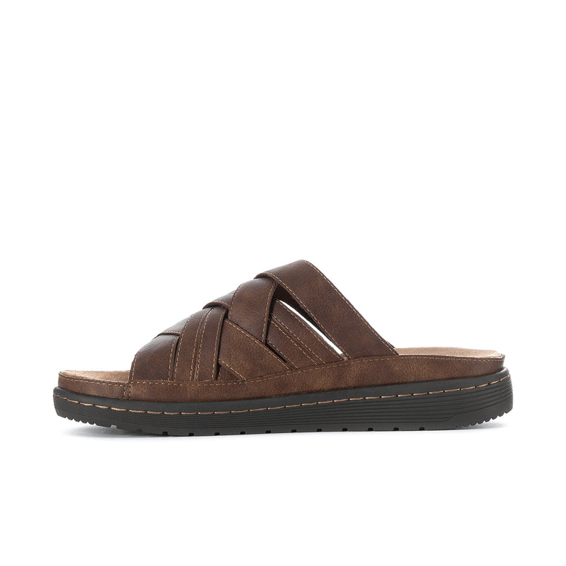 Dark brown men's leather slide sandals with wide toe strap and rubber sole