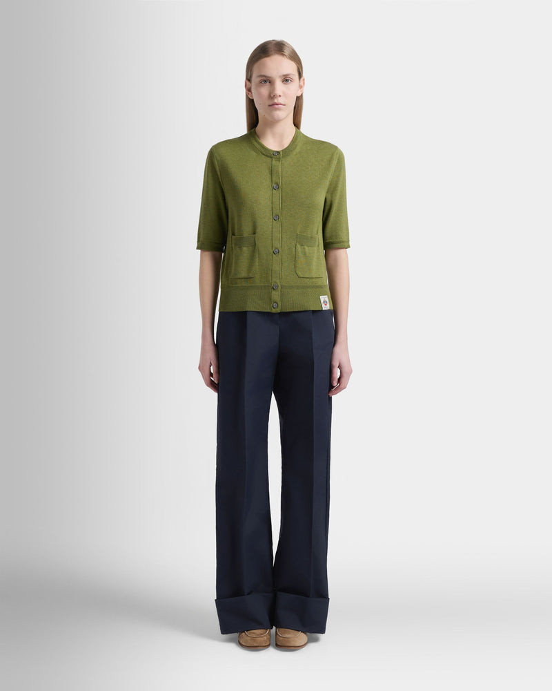 Short Sleeve Cardigan in Matcha Green Cotton And Silk