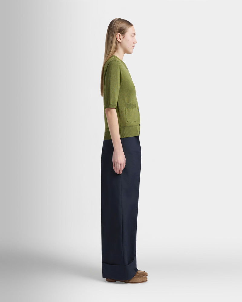 Short Sleeve Cardigan in Matcha Green Cotton And Silk