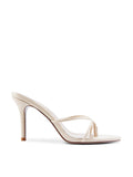 Cream exotic-print Sicilian Slipper mule by FEMME LA, side profile showing slim stiletto heel and thin open-toe straps