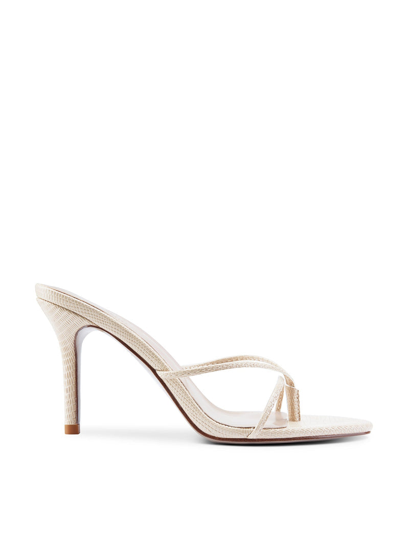 Cream exotic-print Sicilian Slipper mule by FEMME LA, side profile showing slim stiletto heel and thin open-toe straps