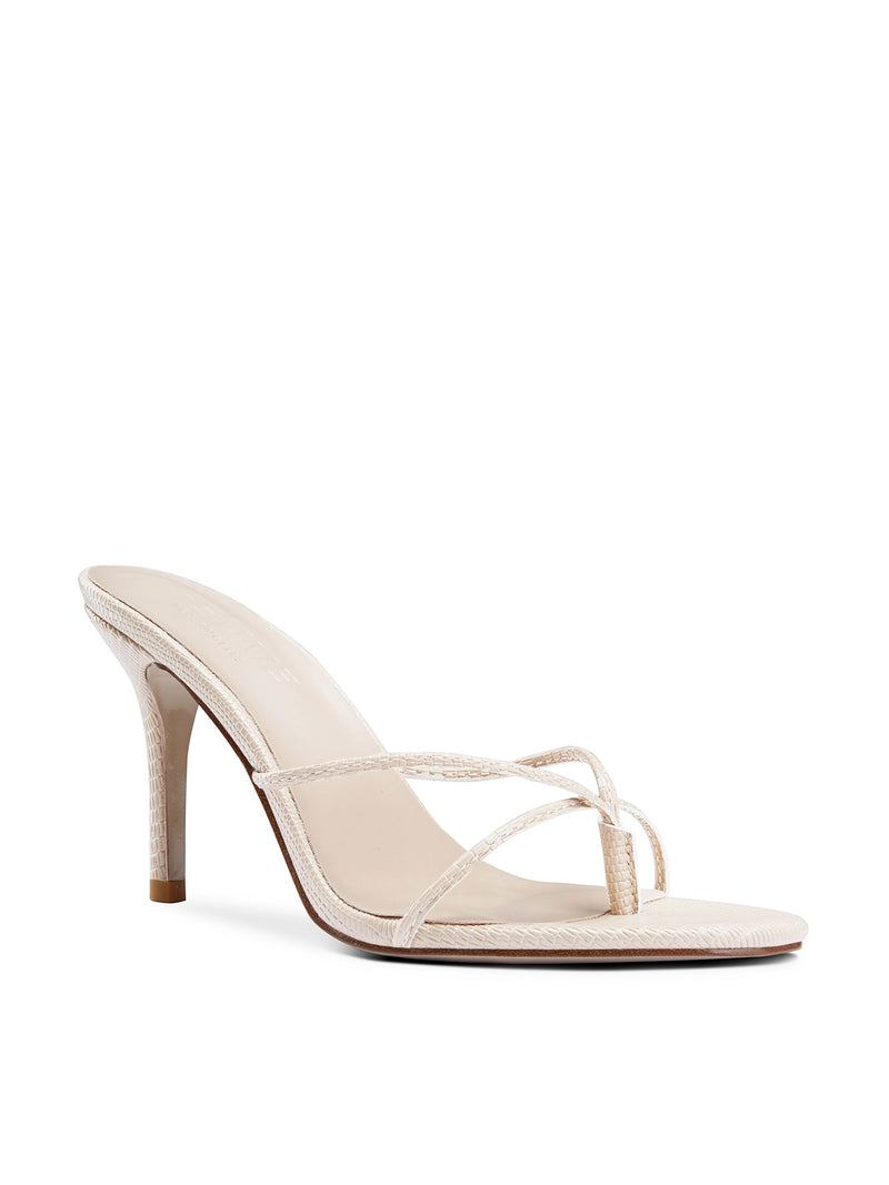 FEMME LA Sicilian Slipper in cream exotic print, 3/4 front angle showing two thin crossover toe straps