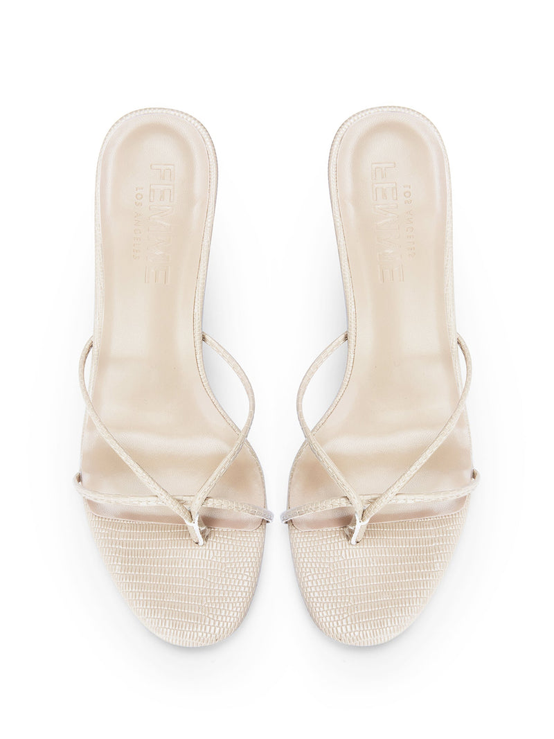FEMME LA cream exotic-print Sicilian Slipper mules, overhead flat lay showing FEMME LOS ANGELES embossed insoles