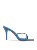 Femme LA Sicilian Slipper in Denim – side profile showing blue denim body with crossed toe straps on a slim stiletto heel