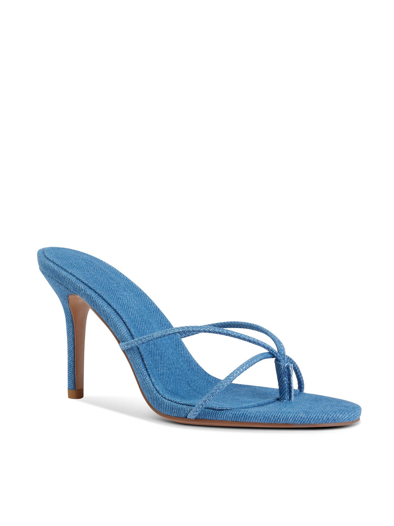 Femme LA Sicilian Slipper in Denim – front three-quarter view showing blue denim crossed straps and denim-covered insole