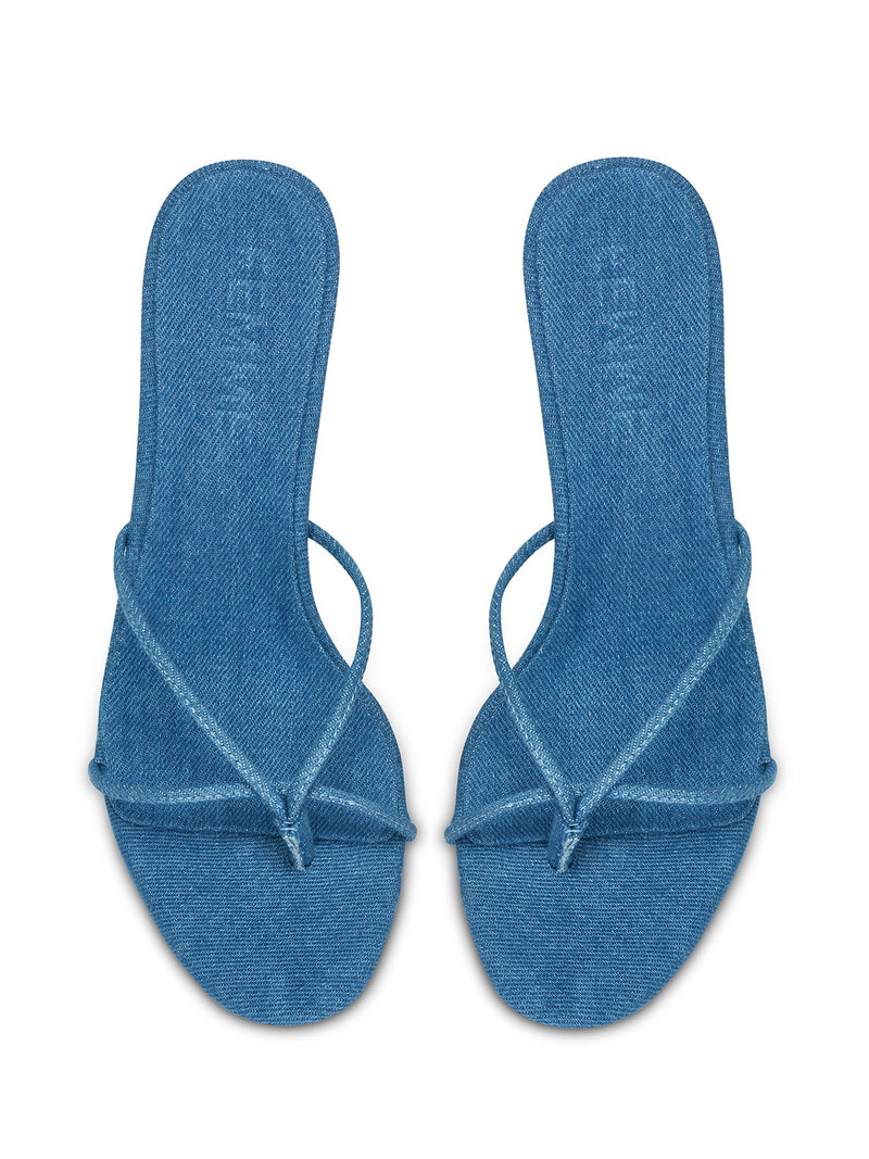 Femme LA Sicilian Slipper in Denim – overhead view of the pair showing FEMME LOS ANGELES embossed on denim insoles