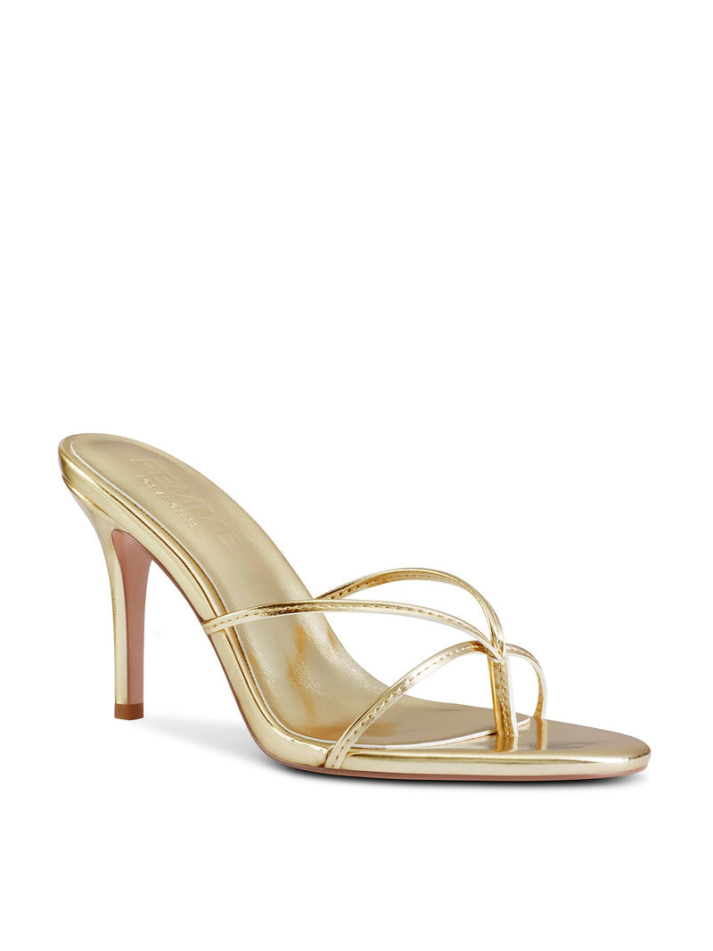FEMME LA Sicilian Slipper in gold metallic, 3/4 front angle showing two thin crossover straps and pointed open toe