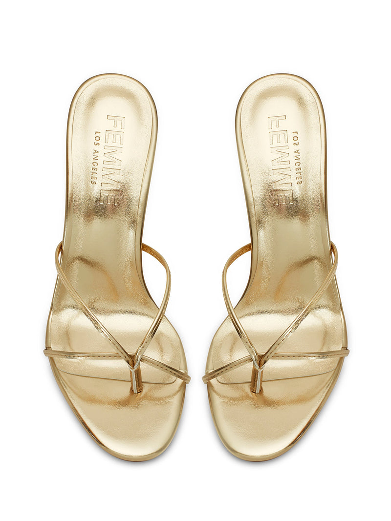 FEMME LA gold metallic Sicilian Slipper mules, overhead flat lay of pair showing FEMME LOS ANGELES embossed insoles