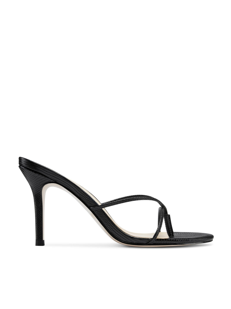 Black exotic-print Sicilian Slipper mule by FEMME LA, side view showing slim stiletto heel and open toe straps