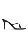 Black exotic-print Sicilian Slipper mule by FEMME LA, side view showing slim stiletto heel and open toe straps