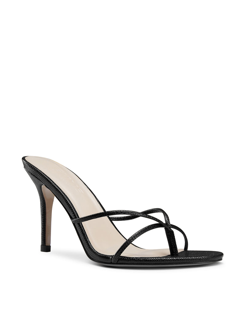 FEMME LA Sicilian Slipper in black exotic print, front angle showing three thin crossover toe straps