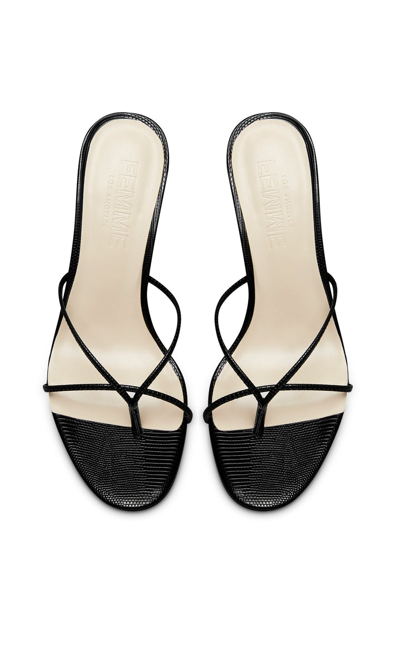 FEMME LA black exotic-print Sicilian Slipper mules, overhead flat lay of pair showing toe straps and cream insoles