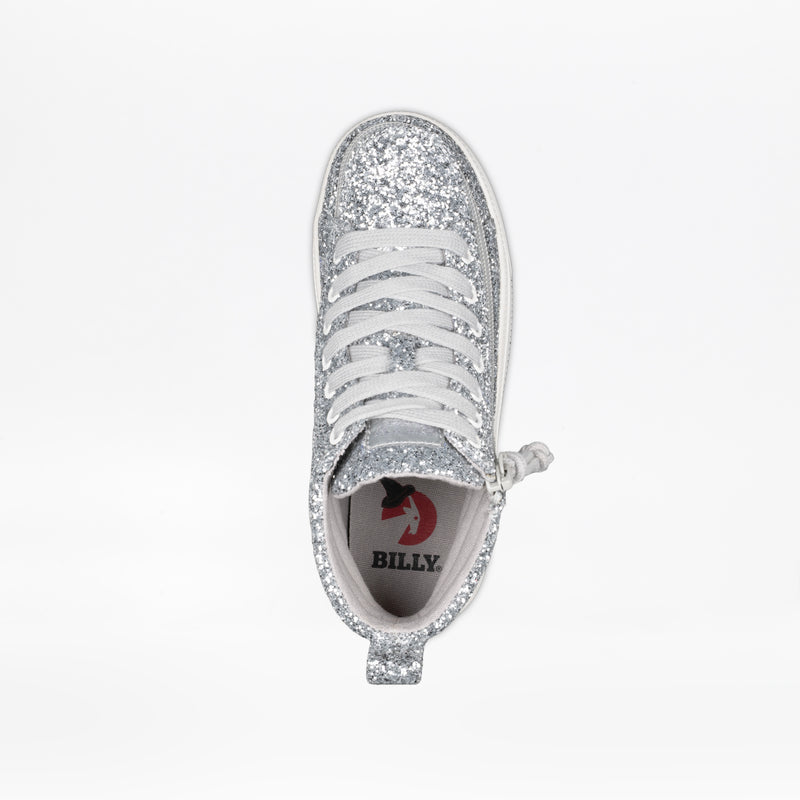 A top view of the Silver Glitz BILLY CS High by BILLY Footwear, featuring silver glitter, white laces, a side zipper, and an insole with a red and black "BILLY" logo on a plain white background.