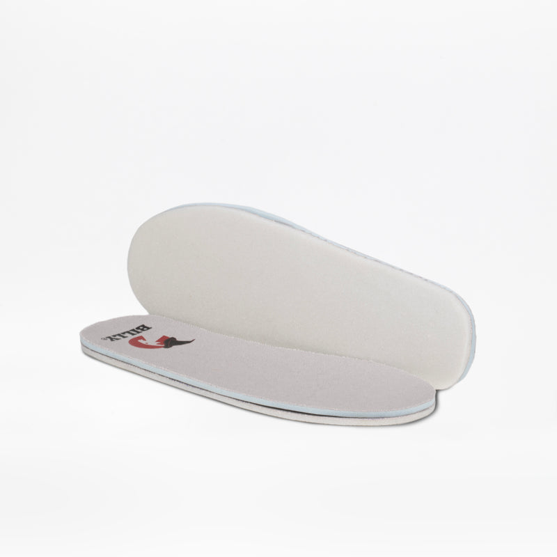Two white insoles from the Silver Glitz BILLY CS High by BILLY Footwear—one lays flat displaying a small logo while the other stands to show its side, both on a white background.
