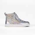 The Silver Rainbow BILLY Classic Lace High by BILLY Footwear is a kids' high top sneaker with a silver metallic toe, laces, trim, glittery multicolor striped side panel, wraparound zipper, and white sole on a plain white background.