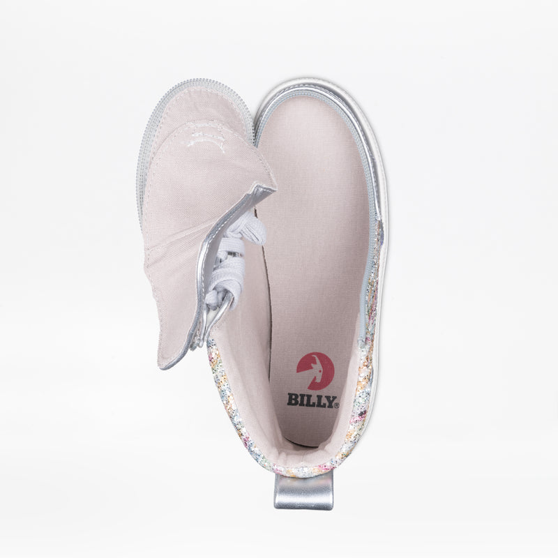 Top view of the Silver Rainbow BILLY Classic Lace High by BILLY Footwear for kids, featuring an unzipped wraparound zipper, pink insole with BILLY logo, silver trim, white laces, and a floral-patterned edge.