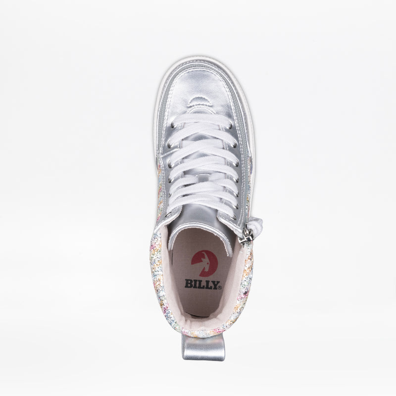 Top view of the Silver Rainbow BILLY Classic Lace High by BILLY Footwear, featuring white laces, a wraparound zipper, heel pull tab, colorful glitter trim, and a red BILLY logo printed on the insole.