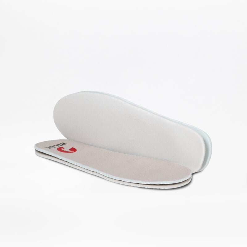 Two white insoles are displayed on a white background—one shows the beige top, the other shows the textured underside. They're perfect replacements for BILLY Footwear Silver Rainbow BILLY Classic Lace High kids high top sneakers.