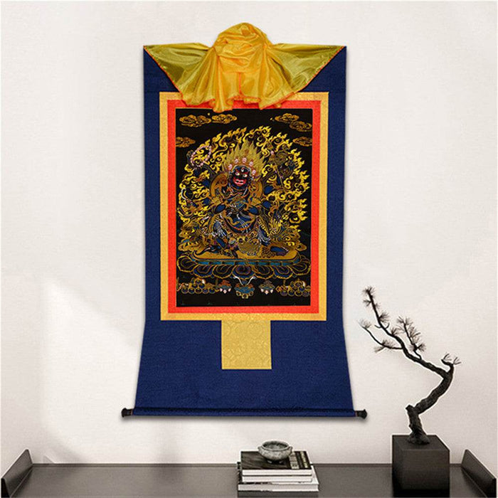 ནག་པོ་ཆེན་པོ། Six Armed Mahakala-Black Type - Tibetan thangka painting, detailed view