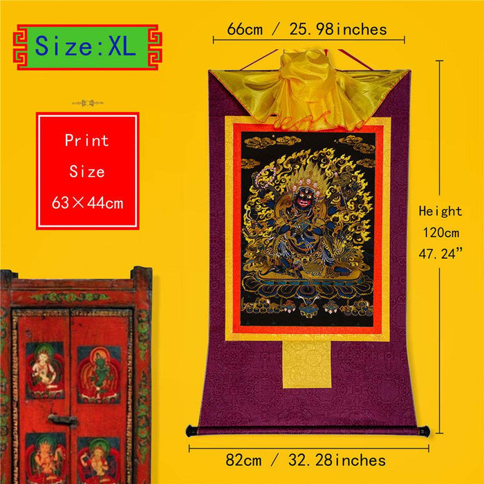 ནག་པོ་ཆེན་པོ། Six Armed Mahakala-Black Type - Tibetan thangka painting, close-up detail