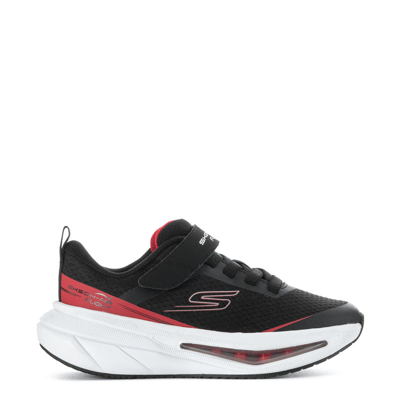 Kids black lace-up running shoes with red accents and white cushioned sole