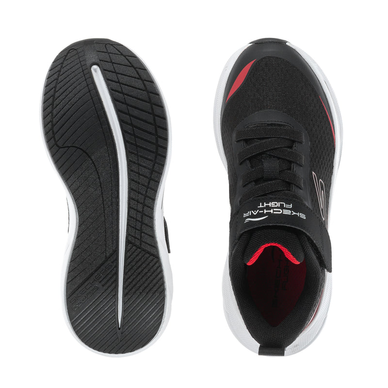 Kids black sneaker outsole and inner view with red lining and white edge