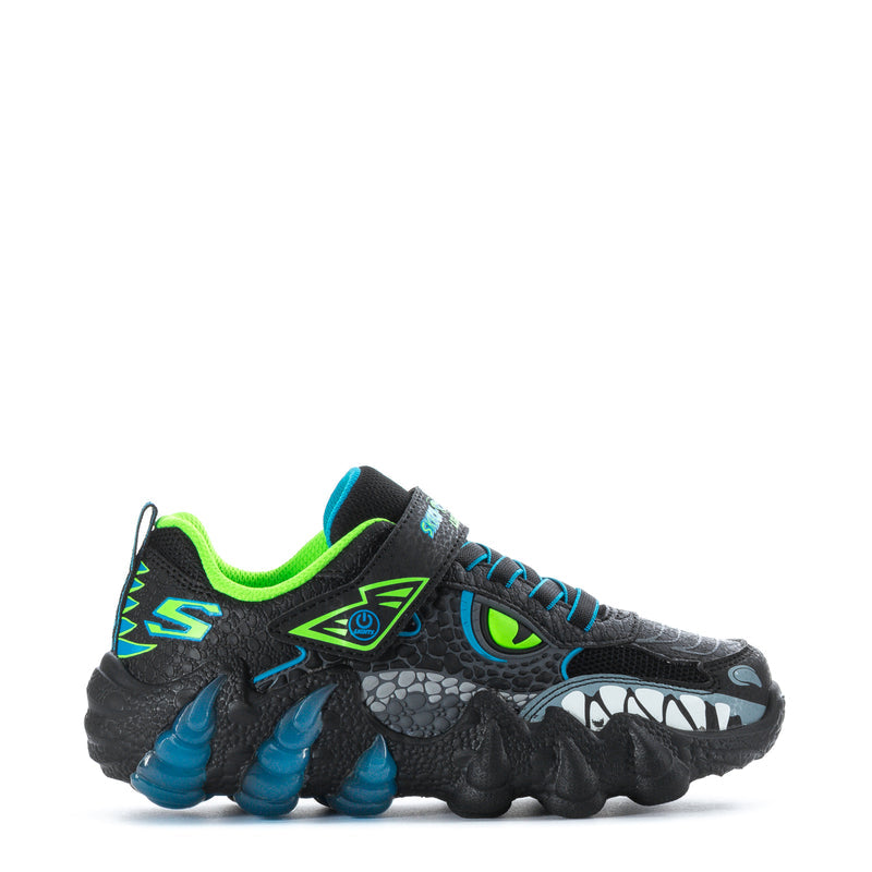 Kids black dinosaur-print sneakers with neon green upper and blue laces.