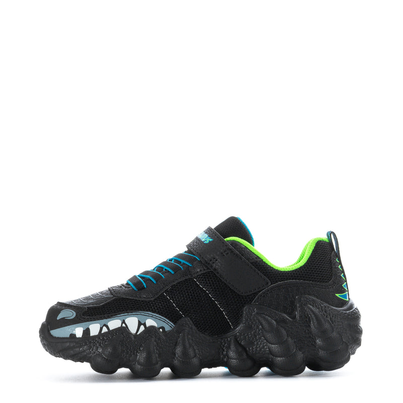 Kids black sneaker with neon green collar and blue-striped dinosaur jaw design.