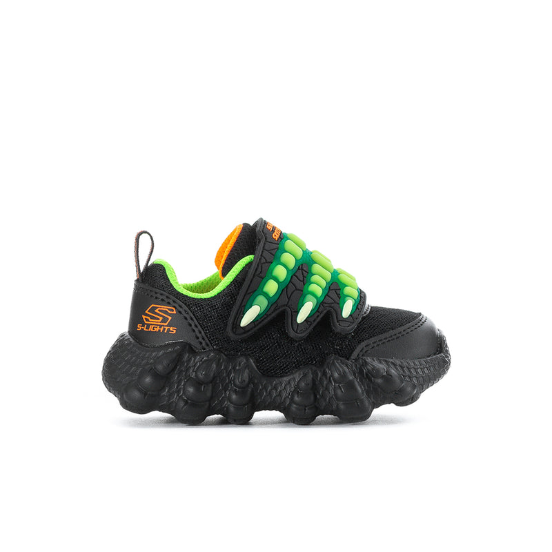 Toddler black dinosaur-style sneaker with lime green panels and orange accents