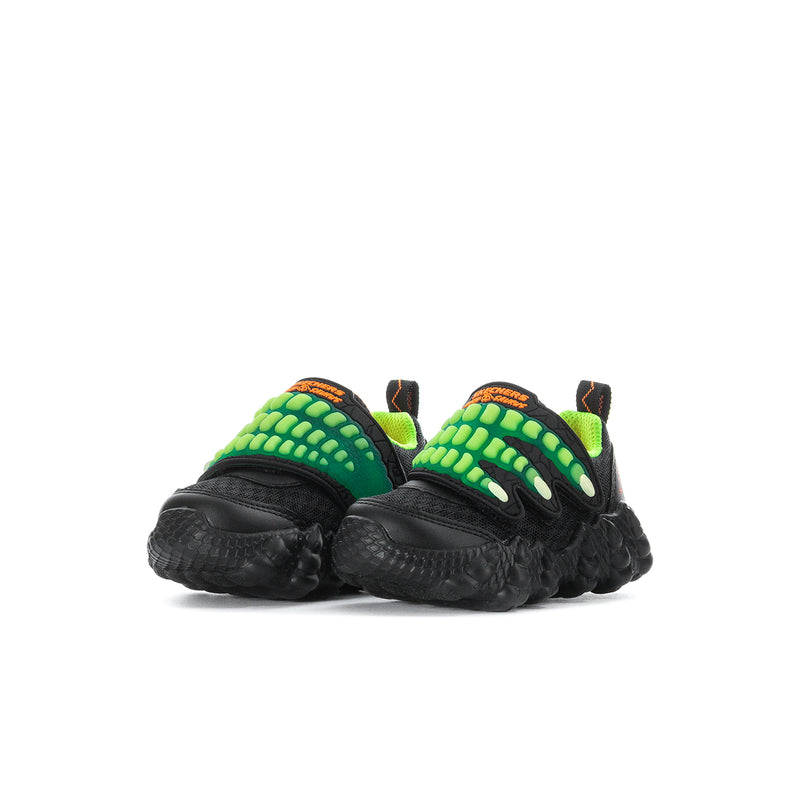 Toddler black dinosaur-style sneaker with lime green tread and neon grid panels