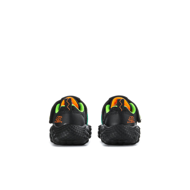 Toddler black dinosaur-style sneakers with lime green collar and orange pull tabs