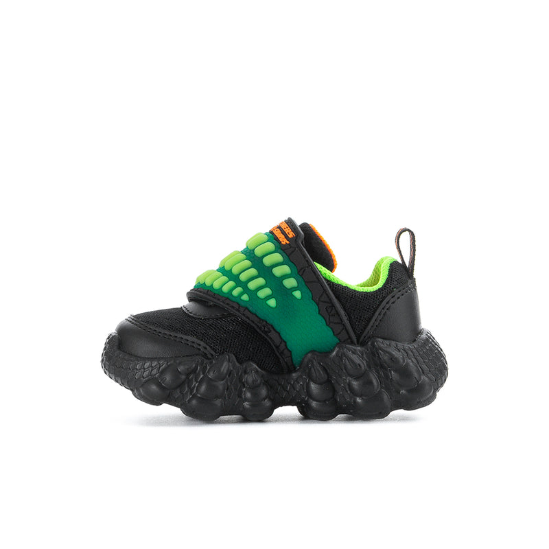 Toddler black sneaker with lime green side panel and orange detail