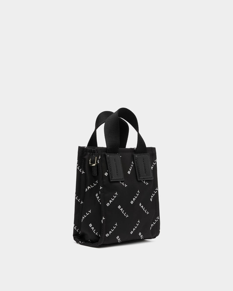Small Tote Bag In Black Nylon With a Chevron Logo Print