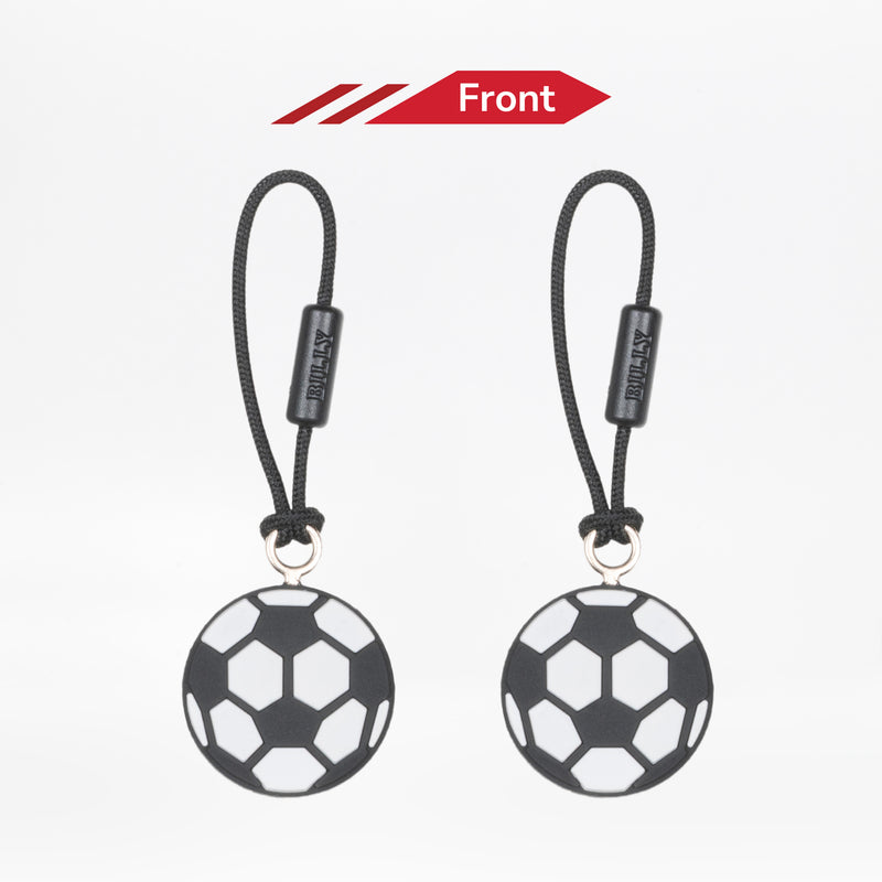 Two soccer ball zipper pulls with black cord