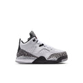 Kids high-top sneakers, white upper with cement speckled trim and black toe cap.