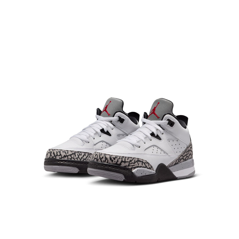Kids high-top sneakers, white with cement-speckled toe and red Jumpman on tongue.
