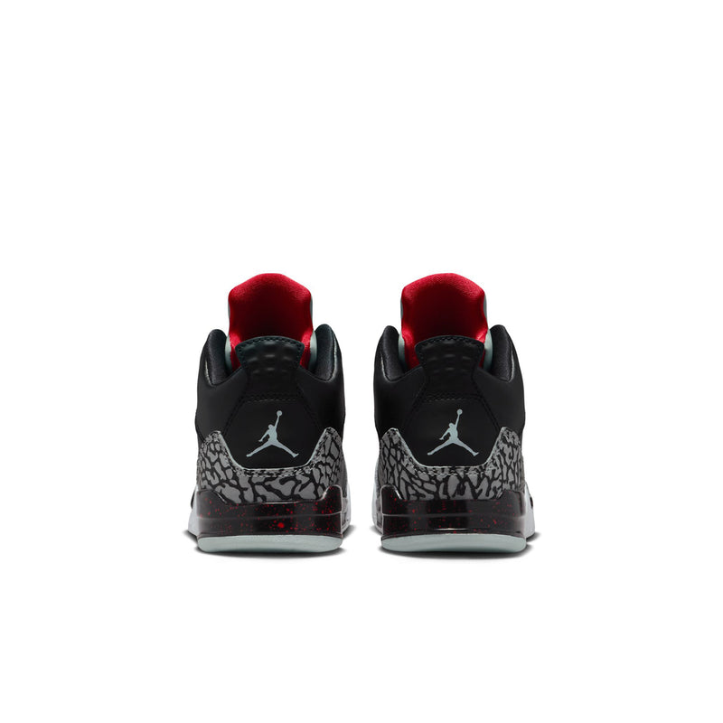 Kids black sneakers with red inner lining and elephant-print heel panel