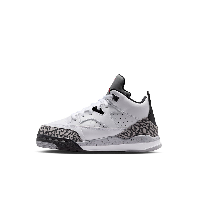 Kids high-top basketball shoes, white with speckled cement panel and black accents.