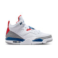 Men's white low-top sneakers angled side view with red and blue accents, lace-up