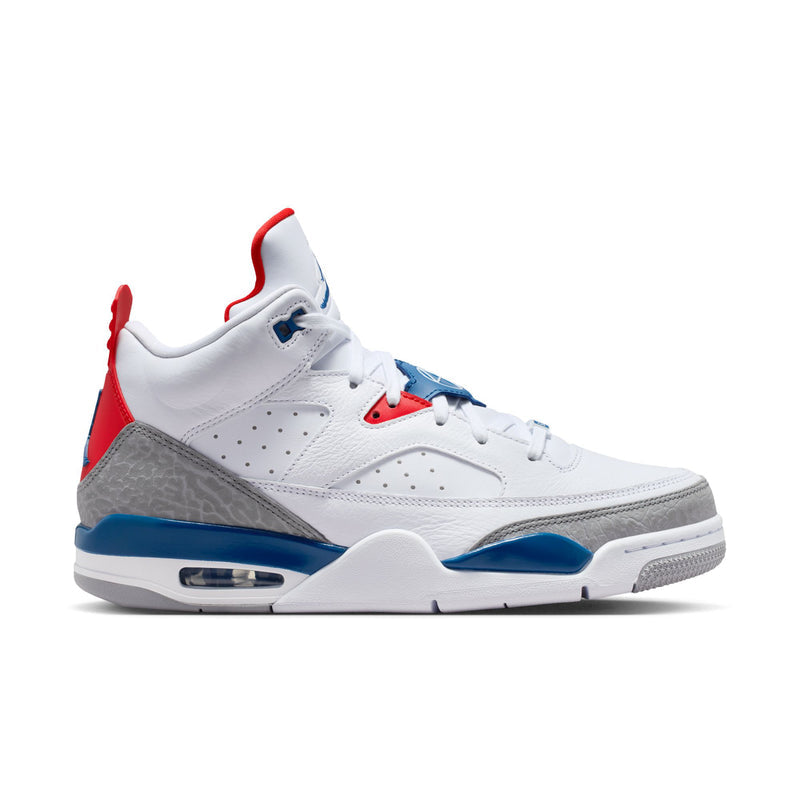 Men's white low-top sneakers angled side view with red and blue accents, lace-up