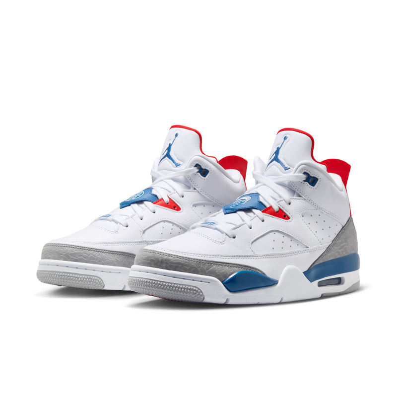 Men's white low-top sneakers pair with gray side panel and blue sole, red heel tabs