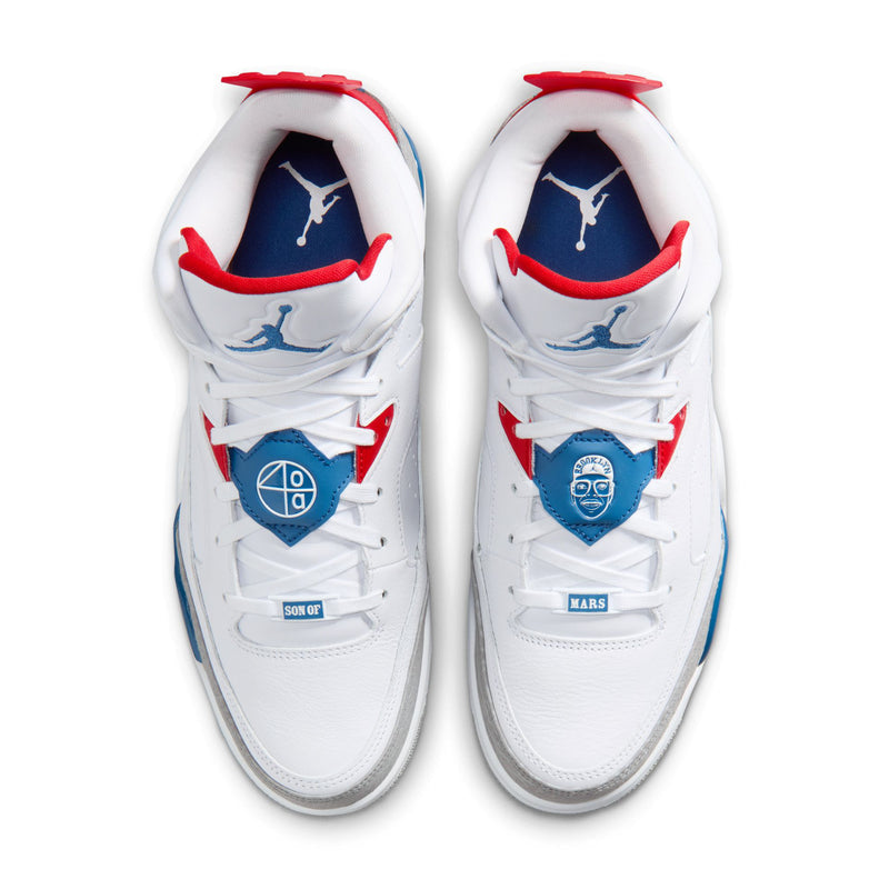 Men's white low-top sneakers heel and tongue view with blue logos and red collar trim