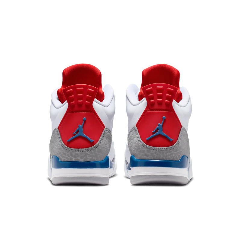 Men's low-top sneakers rear view with red heel tab and blue Jumpman logo
